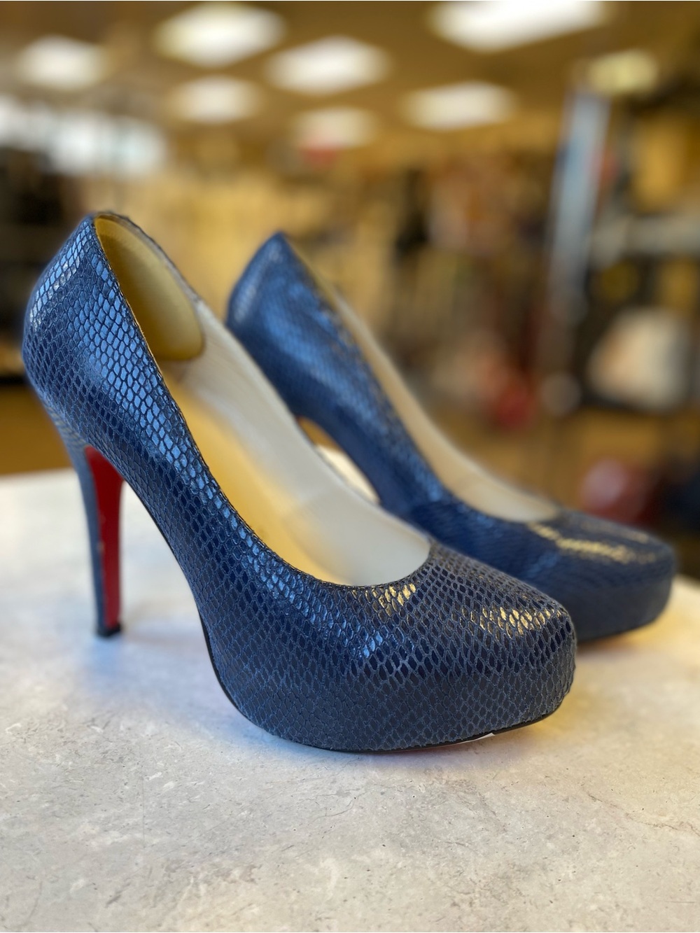 Christian Louboutin Navy Snake-Texture Platform Pumps with Red Sole